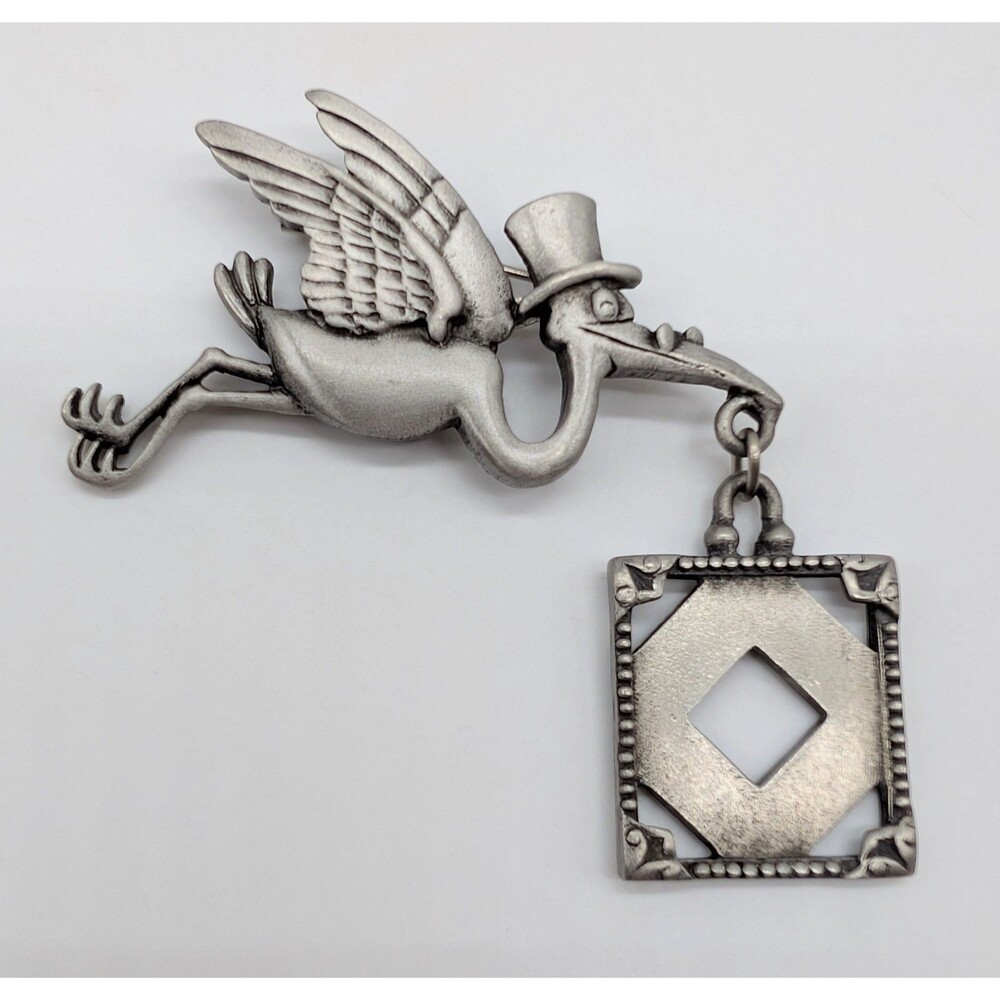 VTG JJ Jonette Pewter Silver Tone Stork Baby Photo Frame Brooch Pin